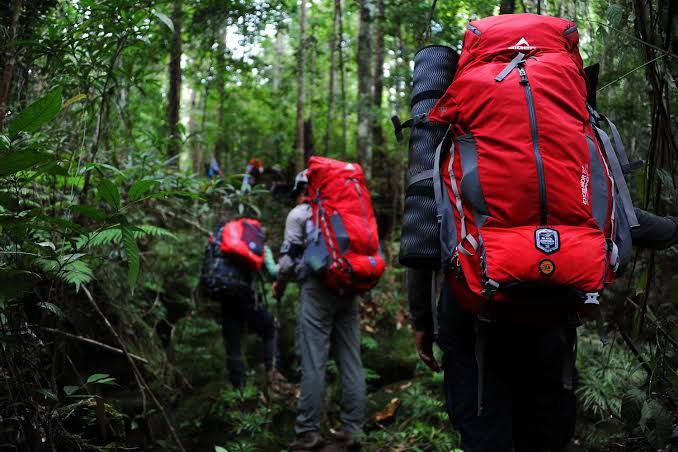 Carrier backpack besar warna merah dengan banyak kantong di lereng gunung